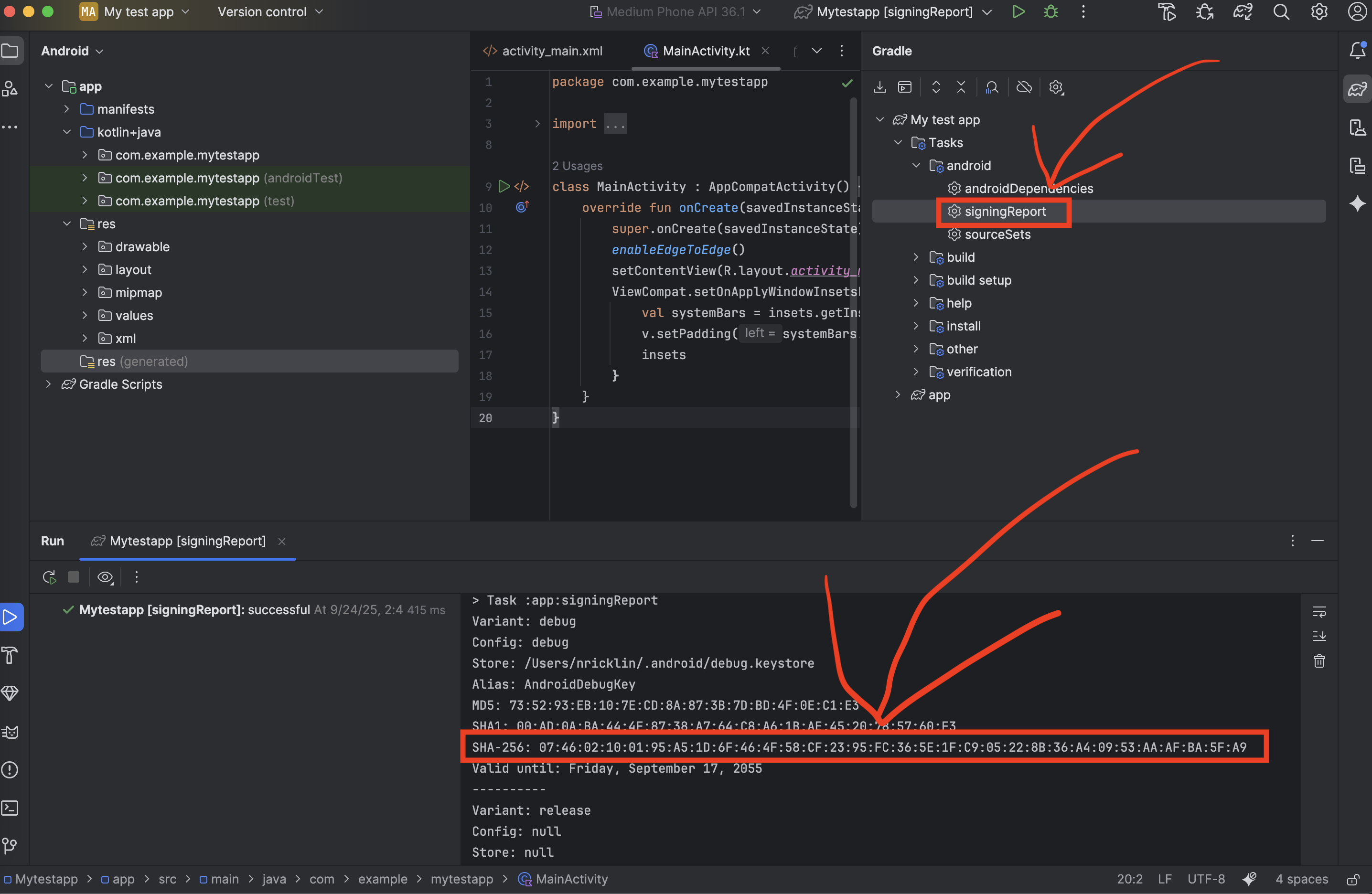 Android Studio showing how to find the signingReport task and SHA-256 certificate