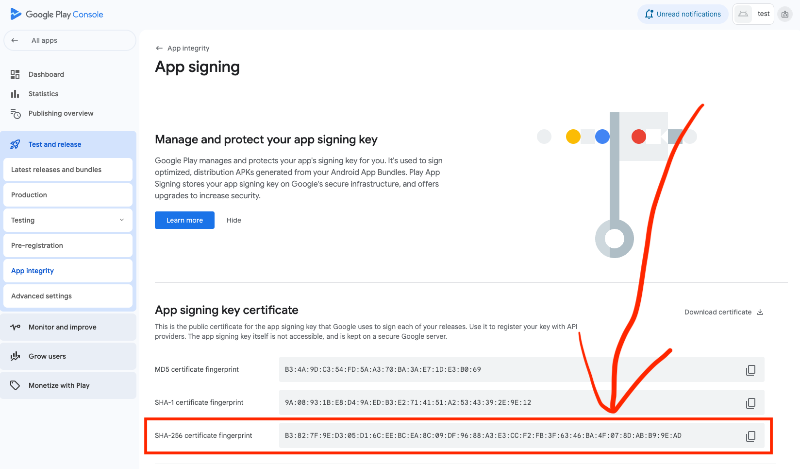Google Play Console showing SHA-256 certificate fingerprint location